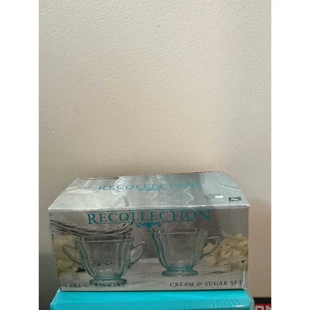 Indiana Glass Recollection Teal Madrid Cream and Sugar Set Vintage‎ Style USA